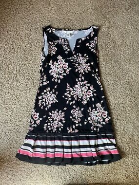 White House Black Market Black Floral Sleeveless Mini Dress with Pink Stripe Hem